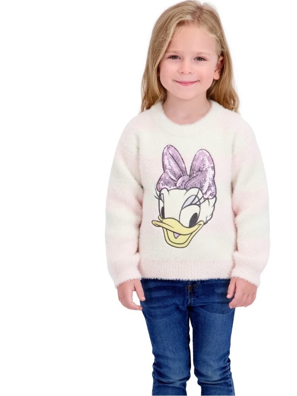 Disney Daisy Duck Girls 18M Cream Pink Fuzzy Stripe Sweater NWT